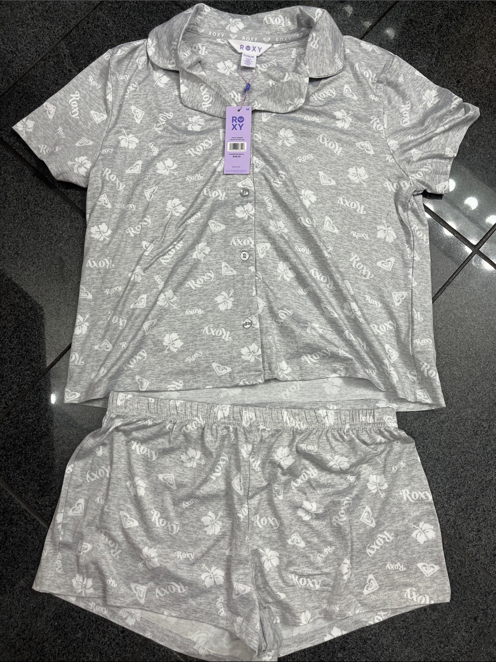 Roxy Gray Short-Sleeve Button Pajama Set with White Logo Print